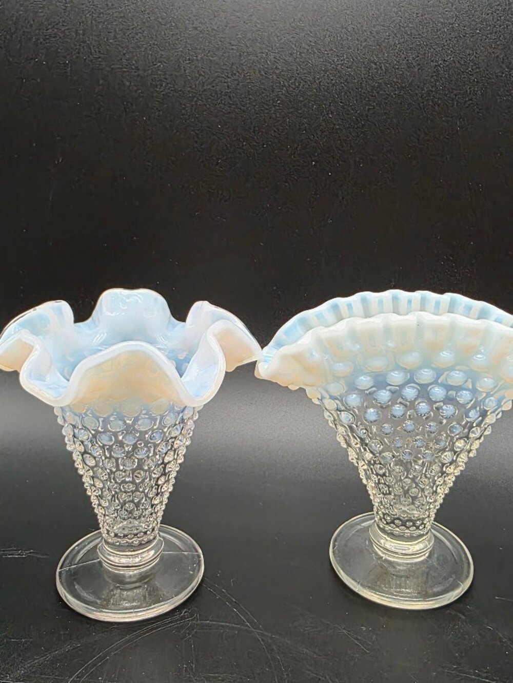 set of 2 Vintage FENTON Opalescent Hobnail Fan Vases Glass Ruffled Crimp Edge